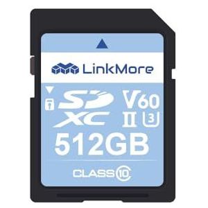 LinkMore XV26 SDXC UHS-II 512 GB, C10, U3, V60, voor digitale camera, videodrone 4K/8K, tot 250 MB/s lezen, 160 MB/s schrijven.