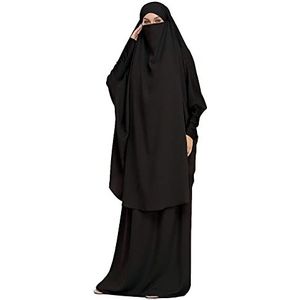 DOTBUY-SHOP Moslim Jurken Voor Vrouwen 2 Stuk Set Abaya Khimar Stijl Effen Kleur Maxi Gewaad Islamitische Kaftan Dubai Gown Casual Losse Zachte Plus Size Traditionele Kleding, Zwart, one size