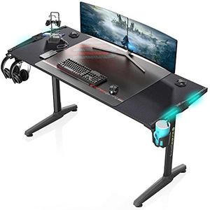 Eureka Ergonomic Gaming bureau, led, bureau, gamer, 148 x 60 cm, computerbureau, voor gaming, pc, met RGB-licht, gratis muismat, bekerhouder, hoofdtelefoonhaak