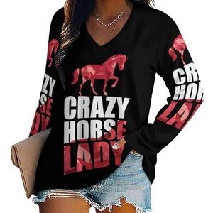 Crazy Horse Lady Casual T-shirts met lange mouwen voor dames, V-hals, bedrukte grafische blouses, T-shirt, tops, 2XL