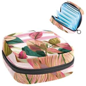 Tropische bladeren met horizontale abstracte roze lijn maandverband opbergtas, grote menstruatiecup zakje met rits, menstruatiepads tas winkel inlegkruisjes tampons voor meisjes vrouwen