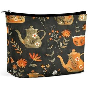 JKLQWH Lederen make-uptas, waterdichte make-uptas voor vrouwen, planten en theepot, open platte toilettassen, draagbaar zakje met rits, make-up-organizerhoes voor reisaccessoires, planten en theepot