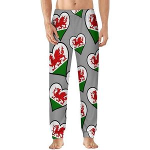 Welsh Dragon Flag met hart heren pyjama broek zachte lounge bodems lichtgewicht slaapbroek