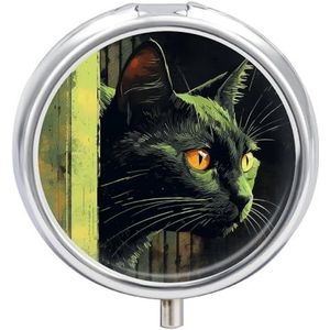 Kat gluren pillendoos 3 compartimenten reispillenorganisator 3 keer per dag schattige mini pillenetui voor portemonnee en zak draagbare metalen medicijndoos met spiegel ronde dagelijkse