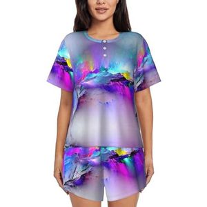 JIAWUJYNB Northern Lights Painting Print Dames Pyjama met korte mouwen - Comfortabele korte sets, mouwen nachtkleding met zakken, Zwart, S