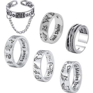 BOSREROY Vlinder stapelbare vintage ringen - 6 stuks geassorteerde gesneden vingerringen voor dames, 1, niet-edelmetaal, geen edelsteen, 1, Niet-edelmetaal, Geen edelsteen