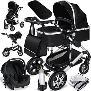 KESSER Loops 3-in-1 kinderwagen, combi-kinderwagen, complete set inclusief Babywieg & buggy sportzitje & autozitje - volledig rubberen banden - luiertas / regenbescherming / kindertafelset, zwart / zilver