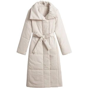 Lange Gewatteerde Jas Met Riem for Dames, Effen Kleur, Parka Met Omslagkraag(White,S)