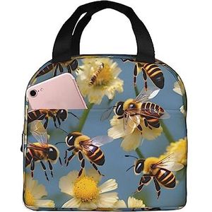 SUHNGE Geïsoleerde lunchtas met honingbijen en bloemenprint, Rolltop lunchbox draagtas voor vrouwen, mannen, volwassenen en tieners
