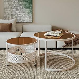 WWERTYY Nesting Salontafel, Set van 2, ronde bijzettafel van gehard glas, 360° mobiliteitscentrumtafel met metalen frame, moderne accenten bijzettafels voor woonkamer, slaapkamer (70 x 70 x 45 cm + 50