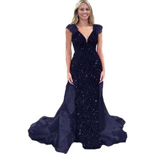 ORBITRAY Fluwelen Glitter V-hals Lange Prom Feestjurk Zeemeermin 2024 Veer Schouder Avondjurk met Overrok, Donkerblauw, 10