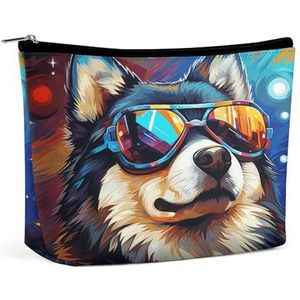 JKLQWH Lederen make-uptas, waterdichte make-uptas voor vrouwen, hondendragende bril, open platte toilettassen, draagbaar zakje met rits, make-up-organizerhoes voor reisaccessoires, hond met bril