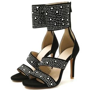 WOkismD 10,5 cm open teen ritssluiting hoge hakken gladiator sandalen met strass decoratie, Zwart, 34 EU