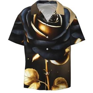 OdDdot Zwart en Goud Bloemen Print Heren Jurk Shirts Atletische Slim Fit Korte Mouw Casual Business Button Down Shirt, Zwart, XXL