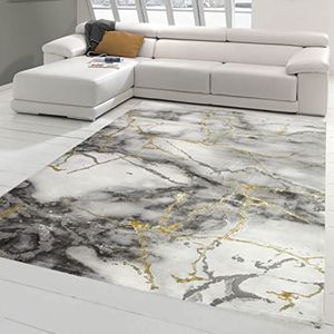 Merinos Designer tapijt woonkamer tapijt marmer look met glasvezels in grijs goud maat 120x170 cm