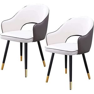 GEIRONV Moderne lederen eetkamerstoel set van 2, met metalen poten keukenstoelen fauteuil met hoge rugleuning slaapkamer leesstoel woonkamerstoel Eetstoelen (Color : White gray, Size : 48x42x81cm)