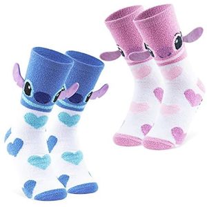 Disney Pluizige sokken voor vrouwen, Stitch Multipack Slipper Sokken, Stitch Gifts (HartenRoze/Blauwe Harten)