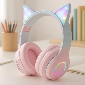 Bluetooth Hoofdtelefoon Voor Kinderen, Kattenoren, Opvouwbare Meisjes Hoofdtelefoon, Over-Ear, Kinderhoofdtelefoon, Bluetooth, Draadloos Met Led-Licht, Kattenoren En Microfoon Voor School (Roze)