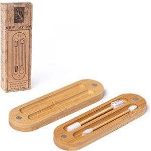 Siliconen make-up wattenstaafjes | Set van 2 met bamboe etui | van New Living | Eco-vriendelijke herbruikbare siliconen QTips | voor make-up