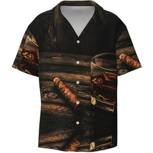 OdDdot Sigaar & Whisky Print Heren Overhemden Atletisch Slim Fit Korte Mouw Casual Business Button Down Shirt, Zwart, XXL