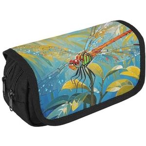 VFKLT Libelle Schilderen Etui Dubbellaags Potlood Pouch Grote Capaciteit Potlood Tas Dubbele Rits Draagbare Pen Case Make-up Tas Voor Mannen Vrouwen Reizen Zakelijk Kantoor, Wit, Eén maat, Potlood Tas