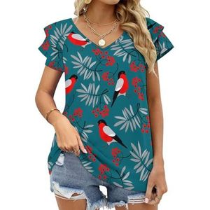 Goudvink Vogel Grafische Blouse Top Voor Vrouwen V-hals Tuniek Top Korte Mouw Volant T-shirt Grappig