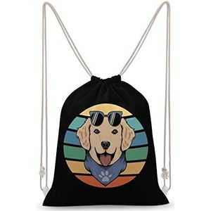 Retro Golden Retriever Hond Trekkoord Rugzak String Bag Sackpack Canvas Sport Dagrugzak voor Reizen Gym Winkelen