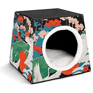 Bedrukte Kattenhuis Kattenmand Schattig Huisdier Puppy Huis Opvouwbaar Kubusvorm met Antislip Bodem Chinese stijl Flamingo