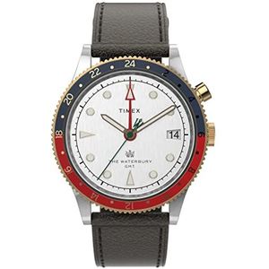 Timex Heren Waterbury Traditionele GMT 39mm TW2U99100VQ Quartz Horloge, Zwart/Rood/Blauw/Wit, One Size, 39 mm Waterbury Traditionele GMT Lederen Band Horloge, Zwart/Rood/Blauw/Wit, One Size, 39 mm