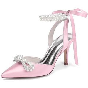 KYEGLO Satijnen Afstudeerschoenen Voor Dames Met Parelstrik, Puntige Neus, Hoge Hak En Parelriempje Om De Enkel, Perfect Voor Bruiloften En Schoolfeesten,Roze,36