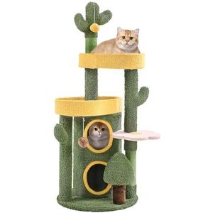 Yaheetech Cactus krabpaal, oase-thema, moderne kattenboom, 123 cm hoog, stijlvolle klimboom voor kleine en grote katten, met 2 platforms, 2 holletjes, groen-geel