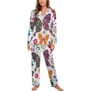 Vintage Kleurrijke Vlinder Vrouwen Lange Mouw Button Down Nachtkleding Zachte Nachtkleding Lounge Pyjama Set XL