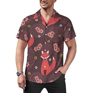Leuke vossen met bloemen heren casual button-down shirts korte mouw Cubaanse kraag T-shirts tops Hawaiiaans T-shirt L