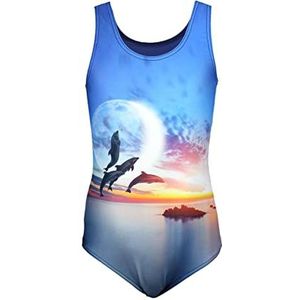 Aquarti Meisjes Badpak met Racerback en Dolfijn Print, Dolfijnen maan oranje/donkerblauw, 152