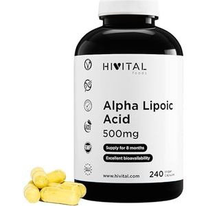 Alpha Liponzuur (ALA) 500 mg. 240 veganistische capsules voor 8 maanden behandeling. ALA in korrelvorm, met maximale biologische beschikbaarheid en absorptie. Gefabriceerd in Europa door HIVITAL