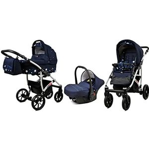 BabyLux Largo 3 in 1 Baby Reis Systeem Kinderwagen Autostoel Afneembare Regenhoes Voetenzak Dragende Wielen Pasgeborene tot Baby Navy Blue Star Silver Frame