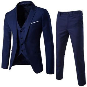 Modern Pak for Heren 3-delig Slim Fit Jasje + Pantalon + Vest Compleet Zakelijk Jasje Blazerpak for Heren Regular Fit Smoking for Bruiloft, Festival(Blue,3XL)