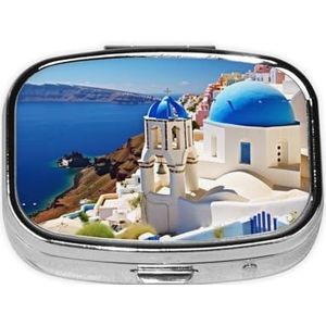 Compacte vierkante pillendoos Santorini Grieks eiland zeezicht draagbare medicatie pillenorganizer dispenser met compartimenten | Kleine pillendoos voor op reis voor portemonnee en zak