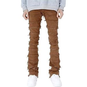 Heren Gestapelde Jeans, Heren Gescheurde Jeans Skinny Fit Gestapelde Been Denim Stretch Jeans Streetwear Broek (Color : Brown, Size : M)