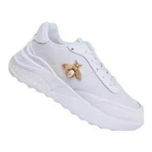 Vrouwen Chunky Bee Glitter Sneakers Mode Platform Casual Schoenen Comfortabele Wedge Wandelen Lace-up Sport Trainers, Wit, 36 EU