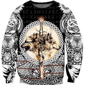 Noorse Mythologie Fenrir Wolf Sweatshirt - Heren 3D Full Body Totemprint Hiphop Rock Street Hoodie - Lente en Herfst Jas met Trekkoord en Lange Mouwen(Color:Round Neck,Size:S)