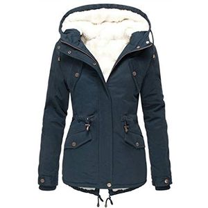 WOZOW Winterjas voor dames, plus-formaat, eenkleurig, dons, lange mouwen, ritssluiting, pocket, winterjas, parka, warm gevoerd, teddybeer, Marinier, 3XL