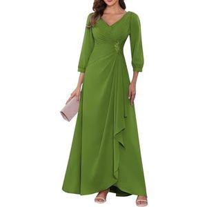 KIYNE Dames lange mouwen moeder van de bruid jurken ruches geplooide chiffon formele jurk avond party jurk, Olijfgroen, 32
