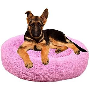 Antislip rond pluche huisdierbed - kalmerende donutknuffel hondenbed - pluizige zachte wasbare kattenhondenkussenmat - anti-angst en verbetering van slaappuppy hondenbed - 150cm/59,0in, roze2