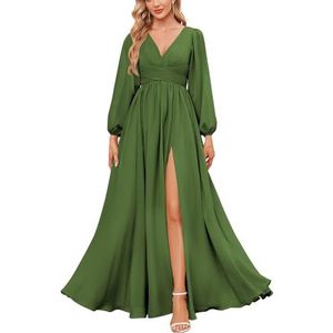 KURFACE Bruidsmeisjesjurken met lange mouwen en split geplooide chiffon formele jurk met mouwen formele jurk, Olijfgroen, 32