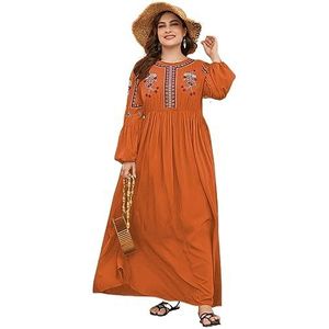 voor vrouwen jurk Plus maxi-jurk met geborduurde bloemen en lantaarnmouwen (Color : Burnt Orange, Size : 0XL)