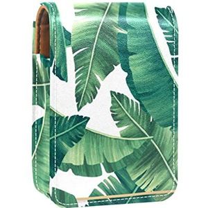 Draagbare Lipstick Case voor op reis, Mini Lipstick Opbergdoos met spiegel voor dames dames, Lederen cosmetische etui Tropische bladeren met gouden frame, Meerkleurig, 9.5x2x7 cm/3.7x0.8x2.7 in