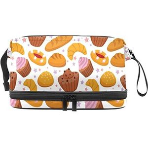 Dubbele Laag Cosmetische Tas Cupcke Brood Draagbare Make-up Tas Travel Organizer Pouch Voor Vrouwen Meisjes Toiletartikelen Tassen, Meerkleurig, 27x15x14 cm/10.6x5.9x5.5 in, Make-up zakje