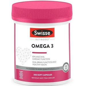 SWISSE – Omega 3 Fish Oil met IFOS 5-Sterren Certificering, 200 Softgels met 3000mg Visolie, Vitamine E, 466mg EPA & 270mg DHA per Dagelijkse Dosis- Supplement voor Hart en Hersenen, Made in Italy