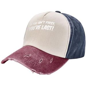 KWQDOZF If You Ain't First, You're Last Adult Washed Cowboy Hat Baseball Hat Outdoor Travel Hat Denim Hat, Navy en Rood, Eén Maat